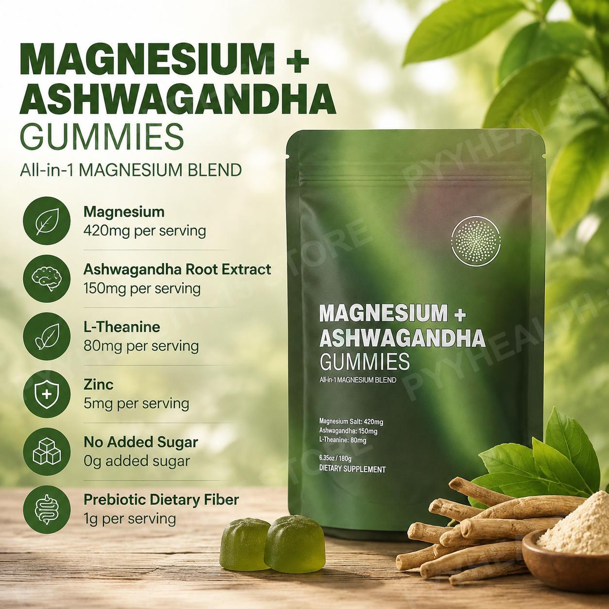 Ashwagandha Extract Root - Magnesium + Ashwagandha Gummies met L-Theanine,